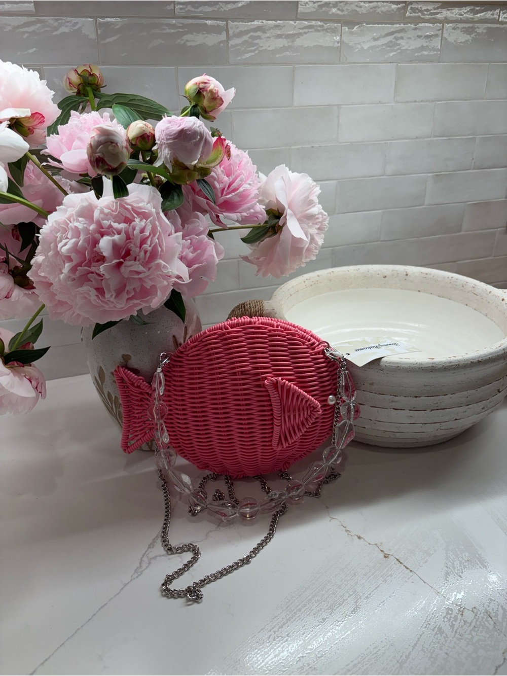 Tommy Bahama Pink Wicker Fish Crossbody Bag with Beaded Chain - Picture 2 of 13